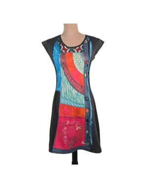 Desigual Knit Dress Multicolor Patchwork Print Cap Sleeves Size Medium